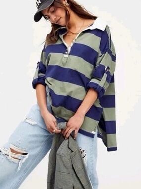 Free People We The Free Peyton Rugby Henley Striped Oversized Top In Army/Navy